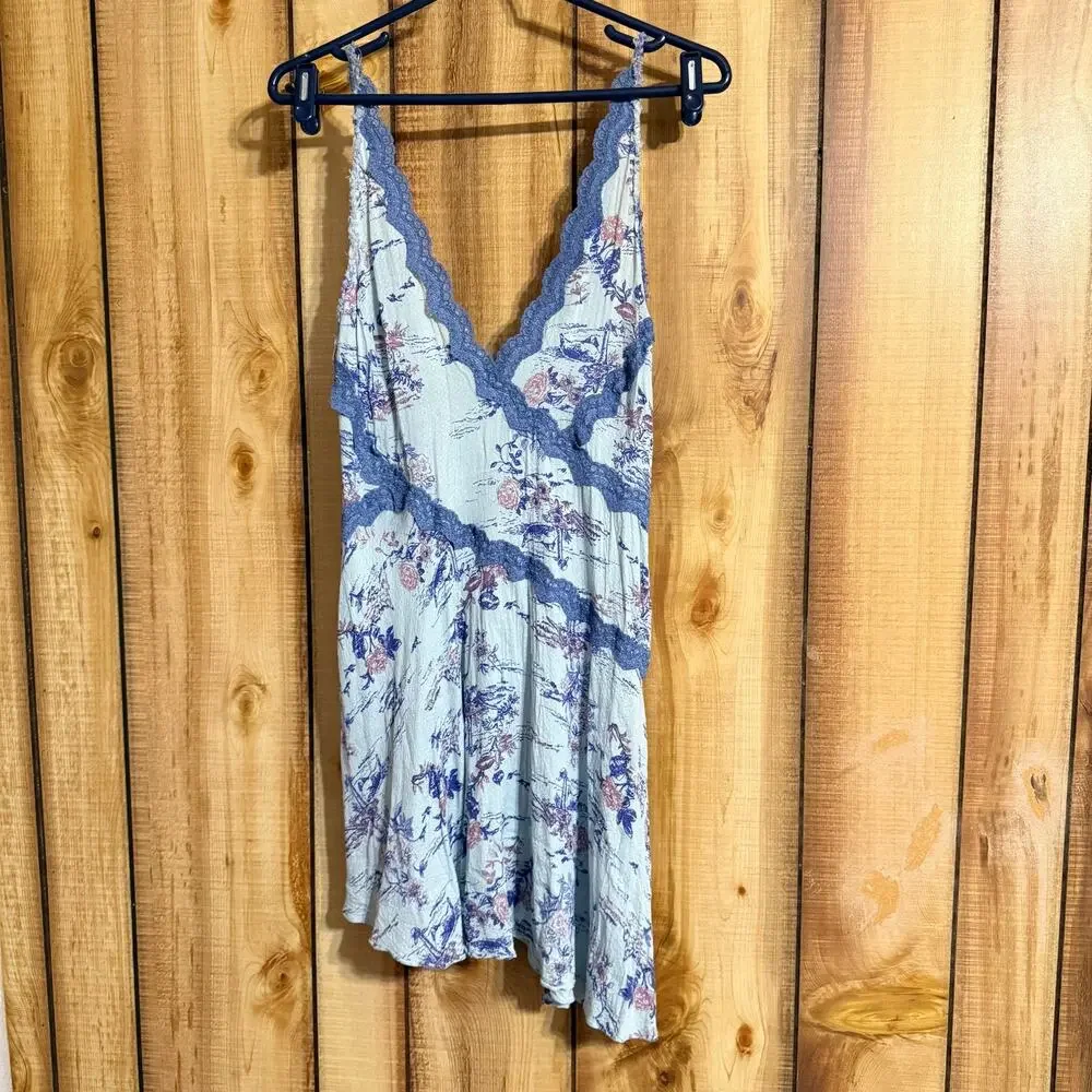 Free People Slip My Mind Trapeze Dress Blue Floral Lace Mini Size Small